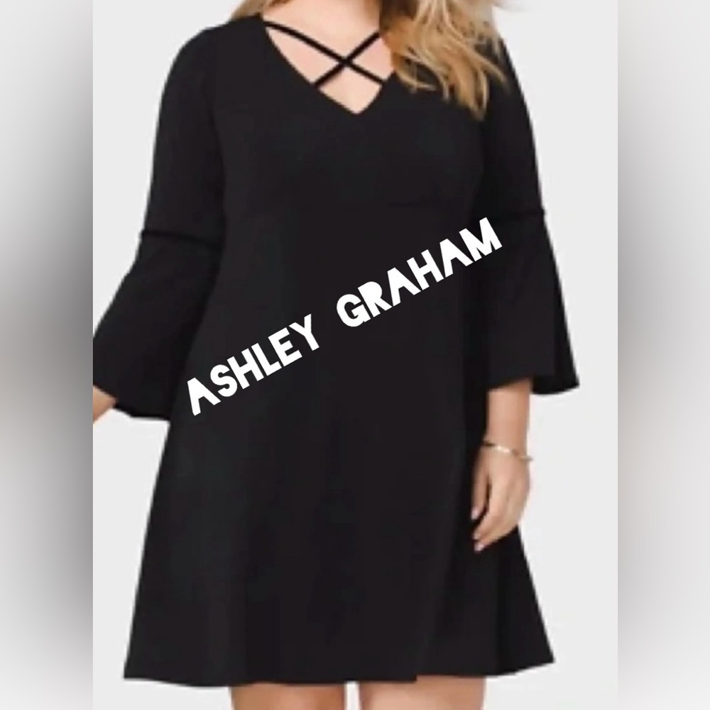 Stunning Ashley Graham Black Dress with Criss Cross Neck Accent and Bell Sleeve